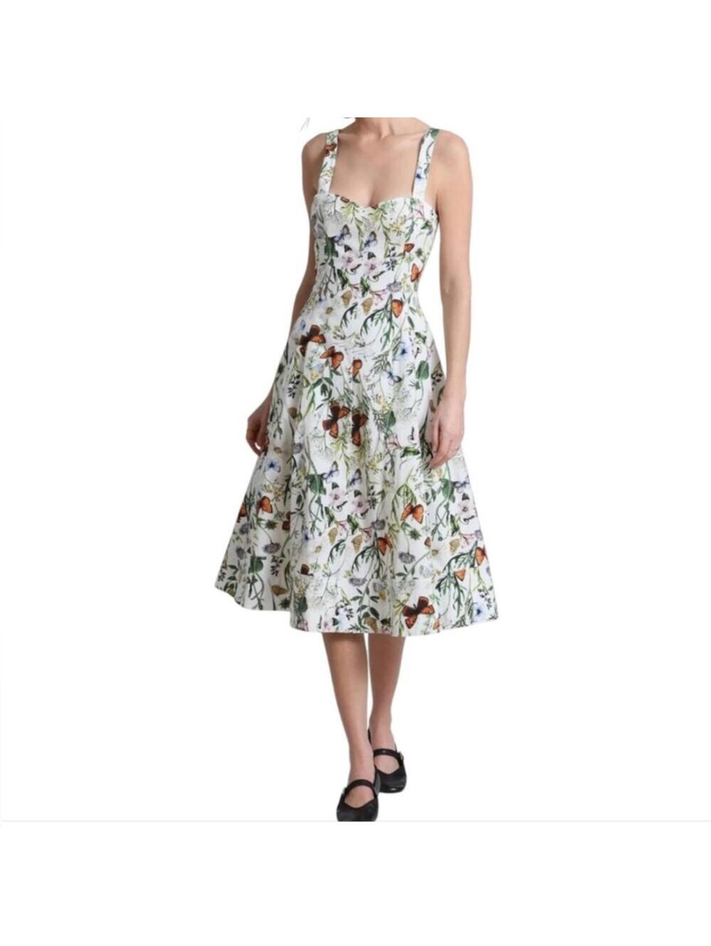 Avec Les Filles White Floral Midi Dress with Green and Brown Accents